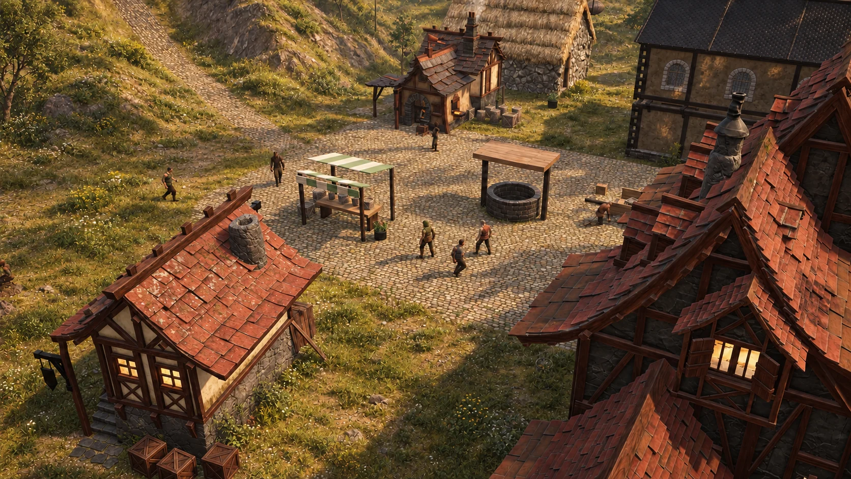 The Alderfen village square, with timber houses, a striped market stall and a stone well.